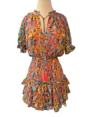 Allison New York Olive Mini Dress Floral Smocked Ruffle Puff Sleeve XS
